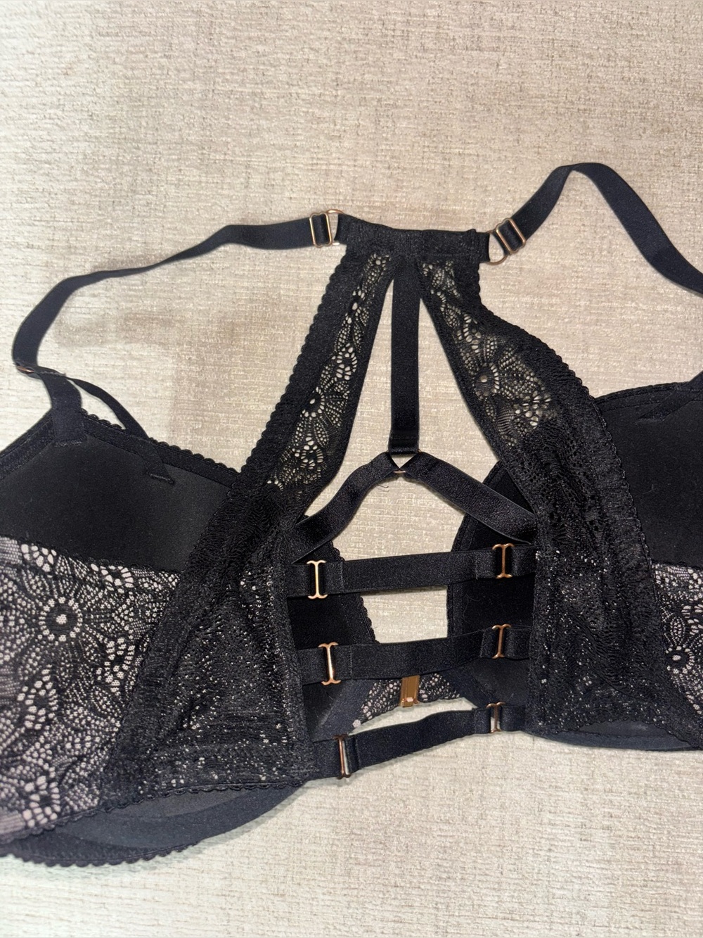 Victoria’s Secret 38D Very Sexy Black Lace Caged Racerback Push Up Bra Romance - Picture 12 of 16